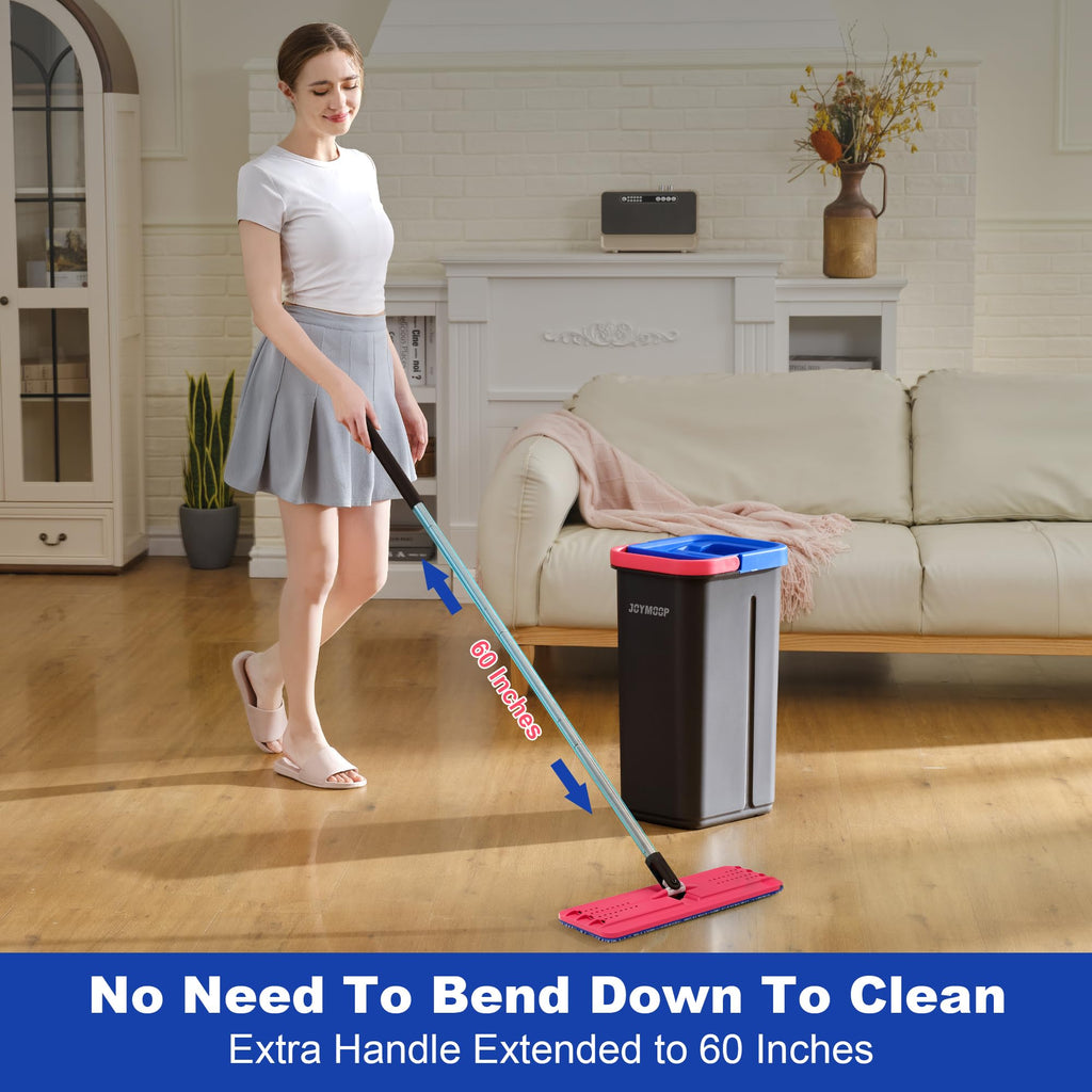 JOYMOOP Mop and Bucket Set, Hands-Free Flat Floor Mop with 3 Washable Microfiber Pads, Wet and Dry Use, Ideal for Home and Commercial Floor Cleaning