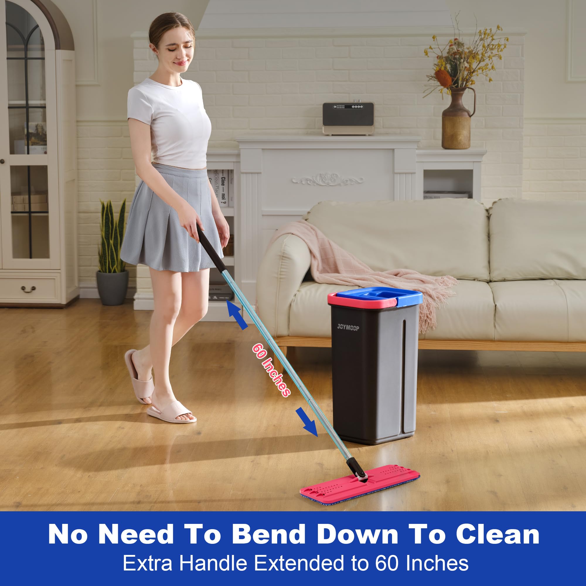 JOYMOOP Mop and Bucket Set, Hands-Free Flat Floor Mop with 3 Washable Microfiber Pads, Wet and Dry Use, Ideal for Home and Commercial Floor Cleaning