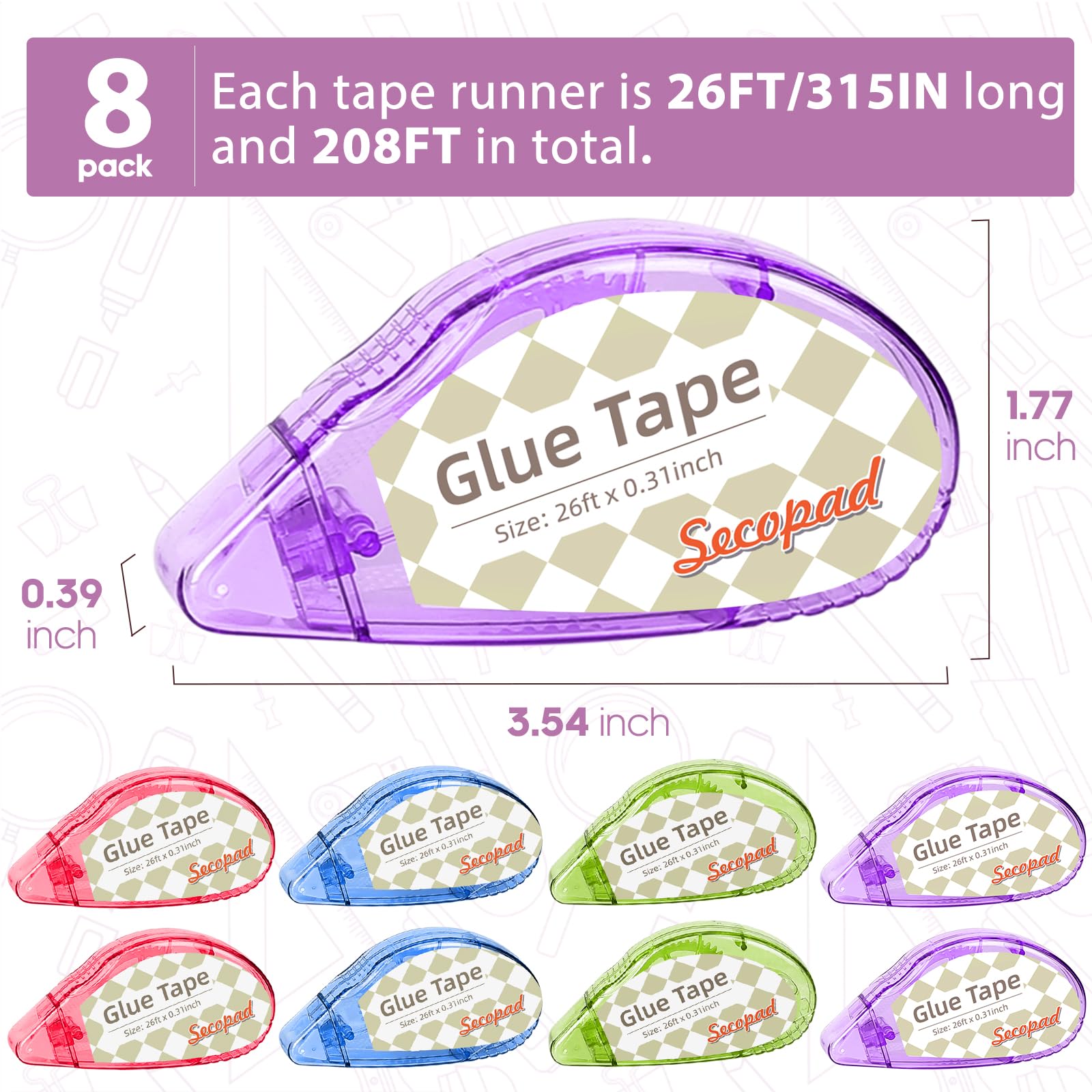 Secopad Scrapbook Tape, 4 Pack Double Sided Tape Roller for Crafts, Adhesive Glue Runner Scrapbooking Supplies Journaling School Office Teacher Supplies, 0.3IN x 26FT, Clear Light-Colored Shell