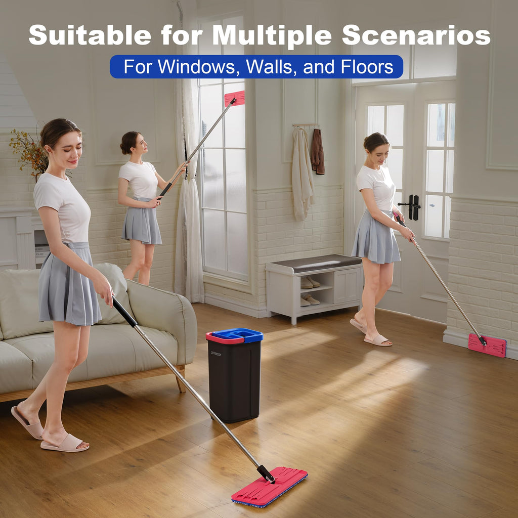 JOYMOOP Mop and Bucket Set, Hands-Free Flat Floor Mop with 3 Washable Microfiber Pads, Wet and Dry Use, Ideal for Home and Commercial Floor Cleaning