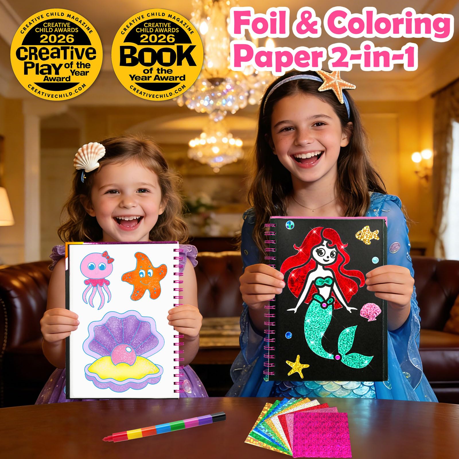 FUNNYB&G Foil Art Craft Kit for Girls 4-10 Years Old: Mess-Free & No-Glue, Create 16 Sparkly Princess Unicorn Pictures – Perfect Travel Toy & Birthday Gift for Kids (Princess)