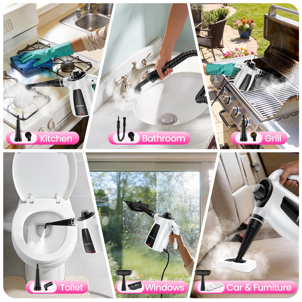 Steam Cleaner, Pressurized Handheld 13pcs Multi-Purpose Natural Deep Cleaning Steamer, Portable Steamer for Cleaning Home, Grout, Kitchen, Car, Window, Upholstery, Bathroom and Clothes, White