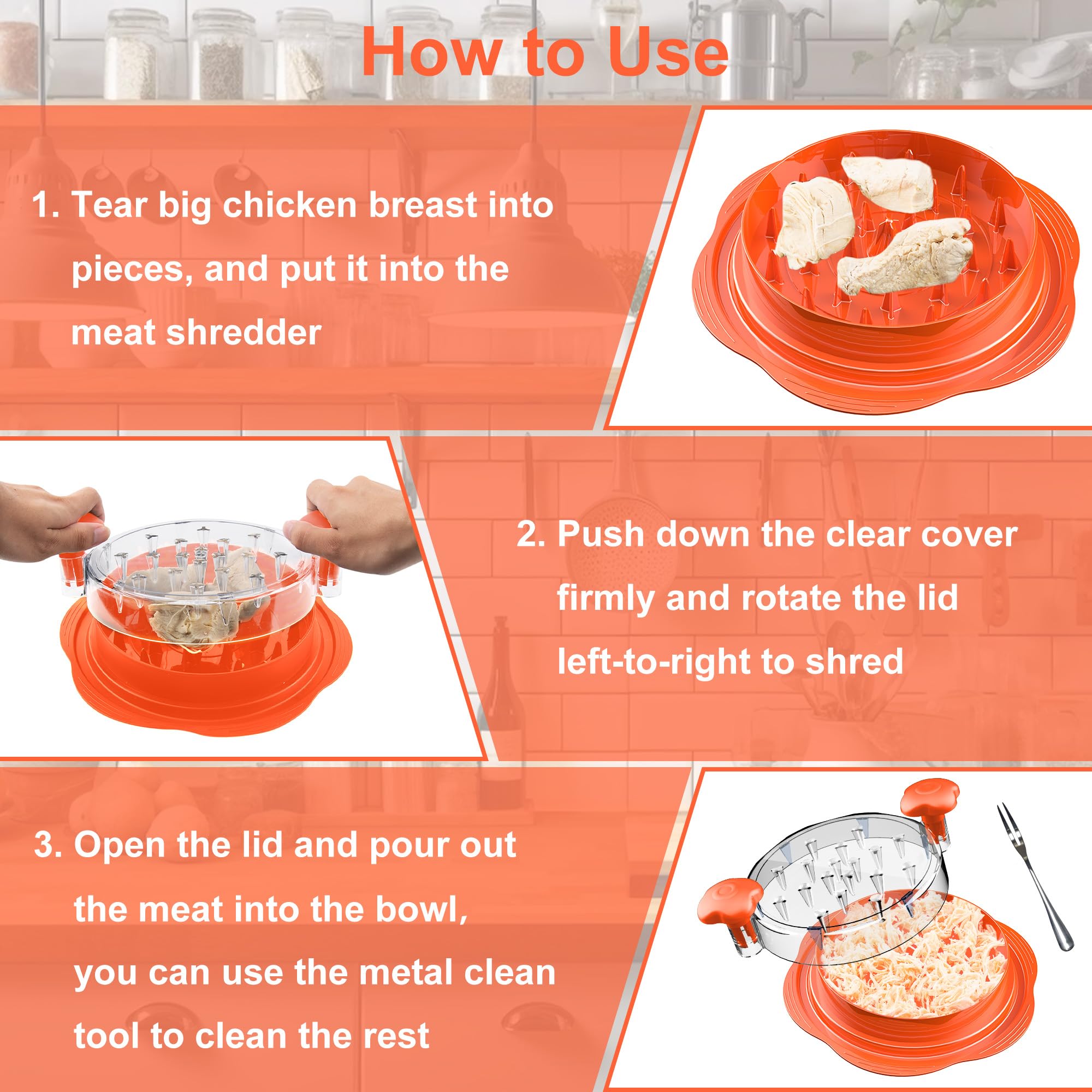 SURETIVIAN Chicken Shredder Tool Twist Large Chicken Breast Shredder with Brush&Fork, Visible Meat Shredder Machine, Strong Anti-Slip Strip, Ergonomic Handle, BPA Free, Suitable for Pork Beef Chicken