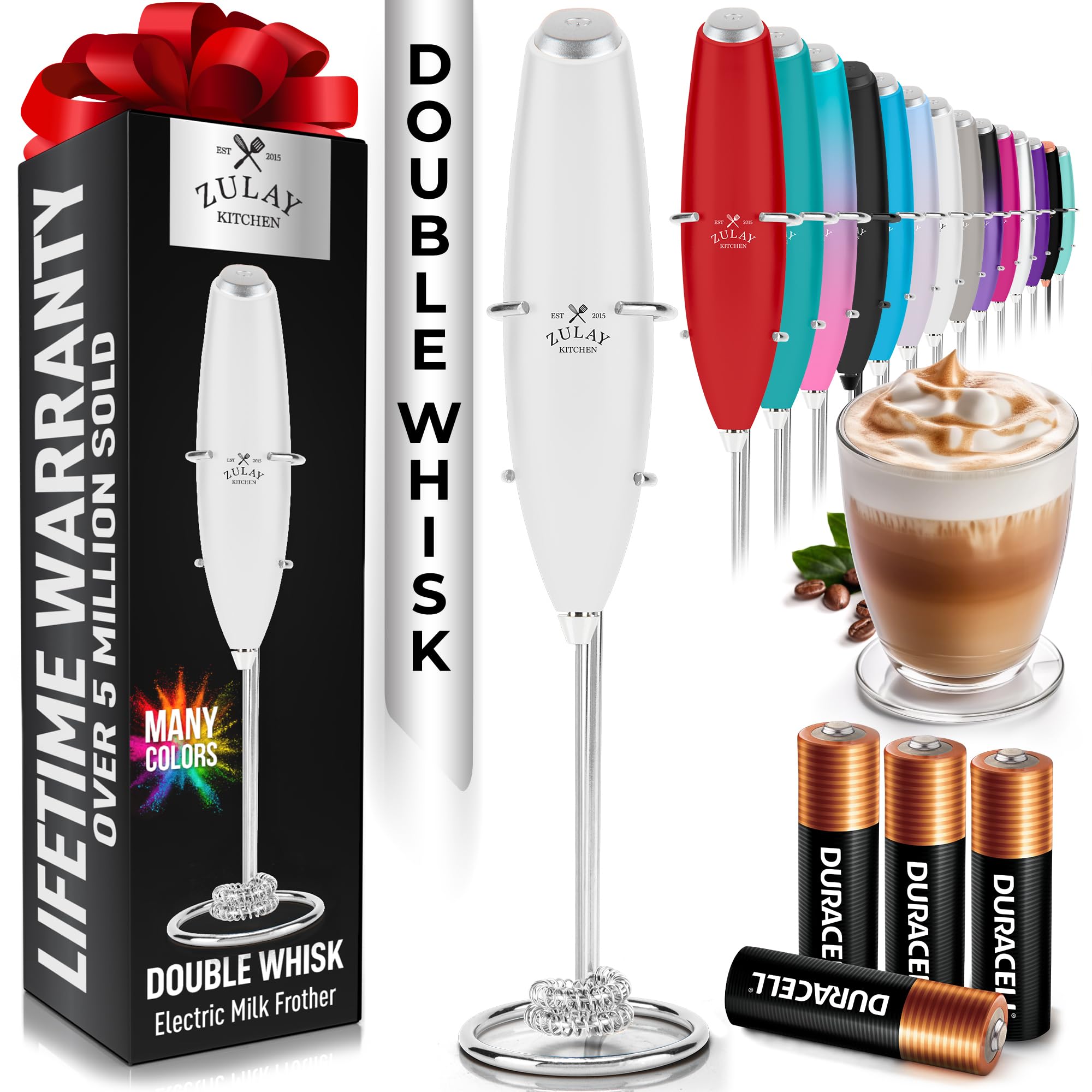 Zulay Kitchen Powerful Milk Frother Wand With Duracell Batteries - Ultra Fast Handheld Drink Mixer - Electric Whisk Foam Maker for Coffee, Lattes, Cappuccino & Matcha - Z1 Motor - Black