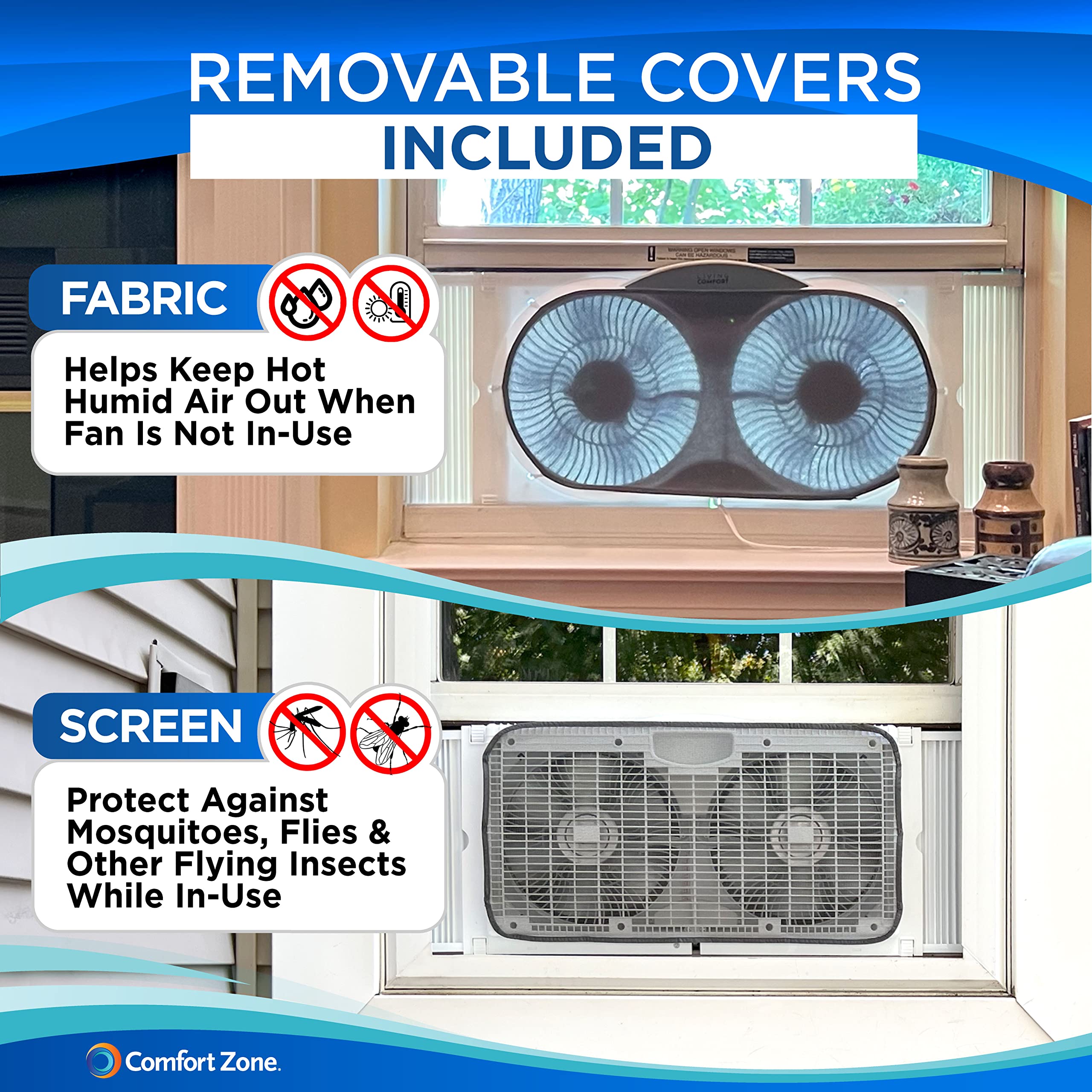 Comfort Zone Twin Window Fan with Reversible Airflow Control, 9 inch, Auto-Locking Expanders, 2 Speed Fan, Dual Fan, Exhaust, Airflow 9.84 ft/sec, Ideal for Home, Kitchen, Bedroom & Office, CZ319WT