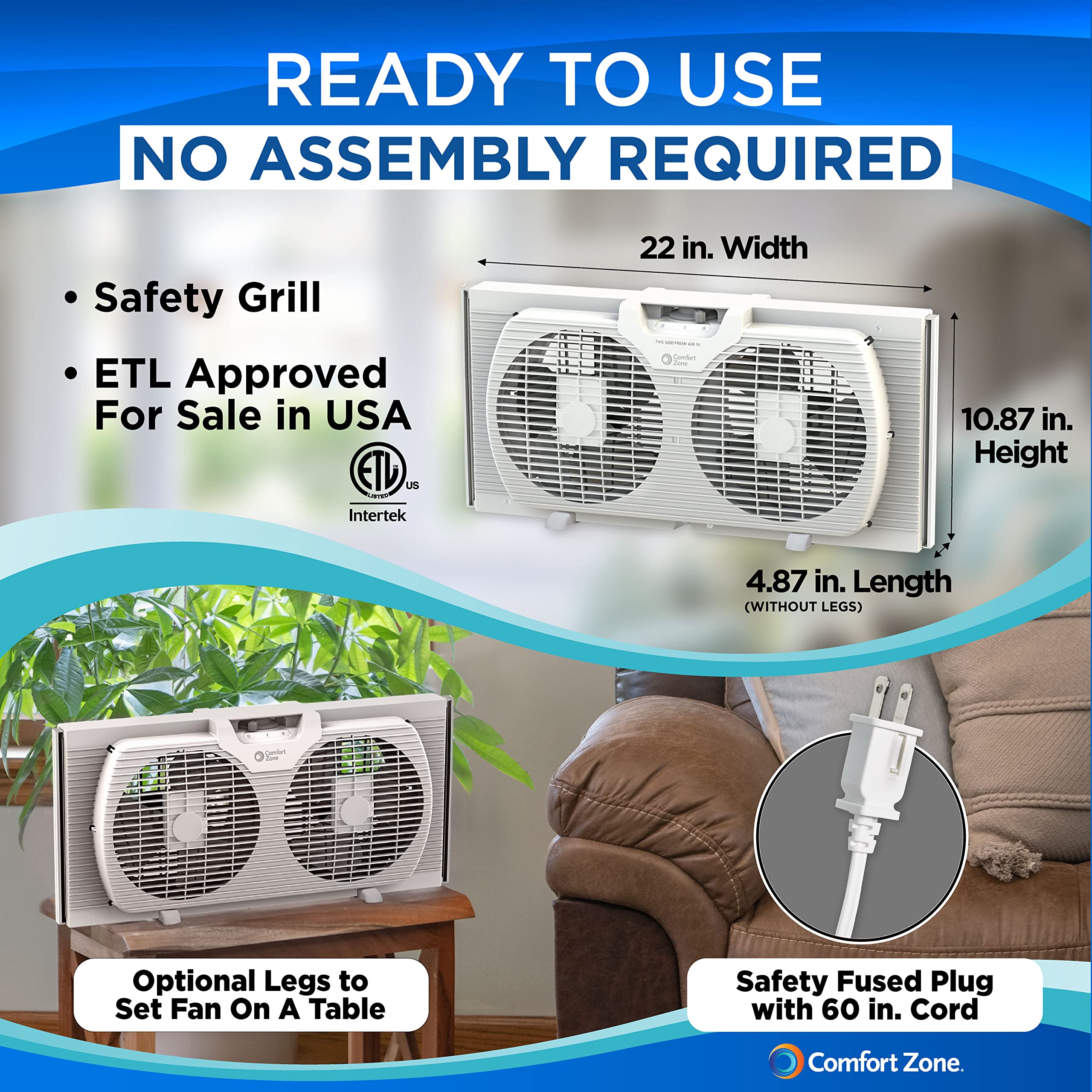 Comfort Zone Twin Window Fan with Reversible Airflow Control, 9 inch, Auto-Locking Expanders, 2 Speed Fan, Dual Fan, Exhaust, Airflow 9.84 ft/sec, Ideal for Home, Kitchen, Bedroom & Office, CZ319WT