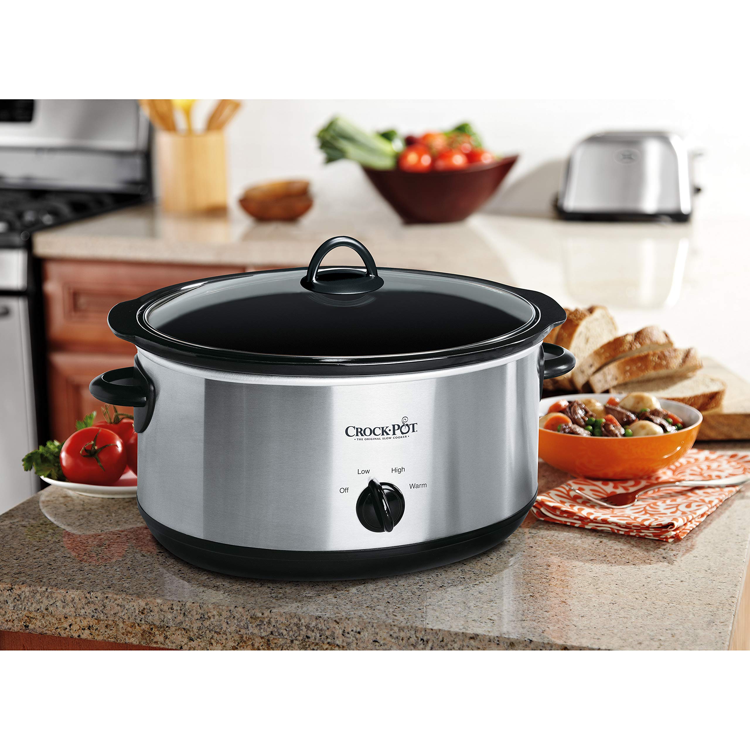 Crock-Pot 7-Quart Manual Slow Cooker, Family Size Serves 8+ People & Fits 6-lb Roast, Removable Stoneware with Warming Setting, Dishwasher Safe for Easy Cleanup, Stainless Steel