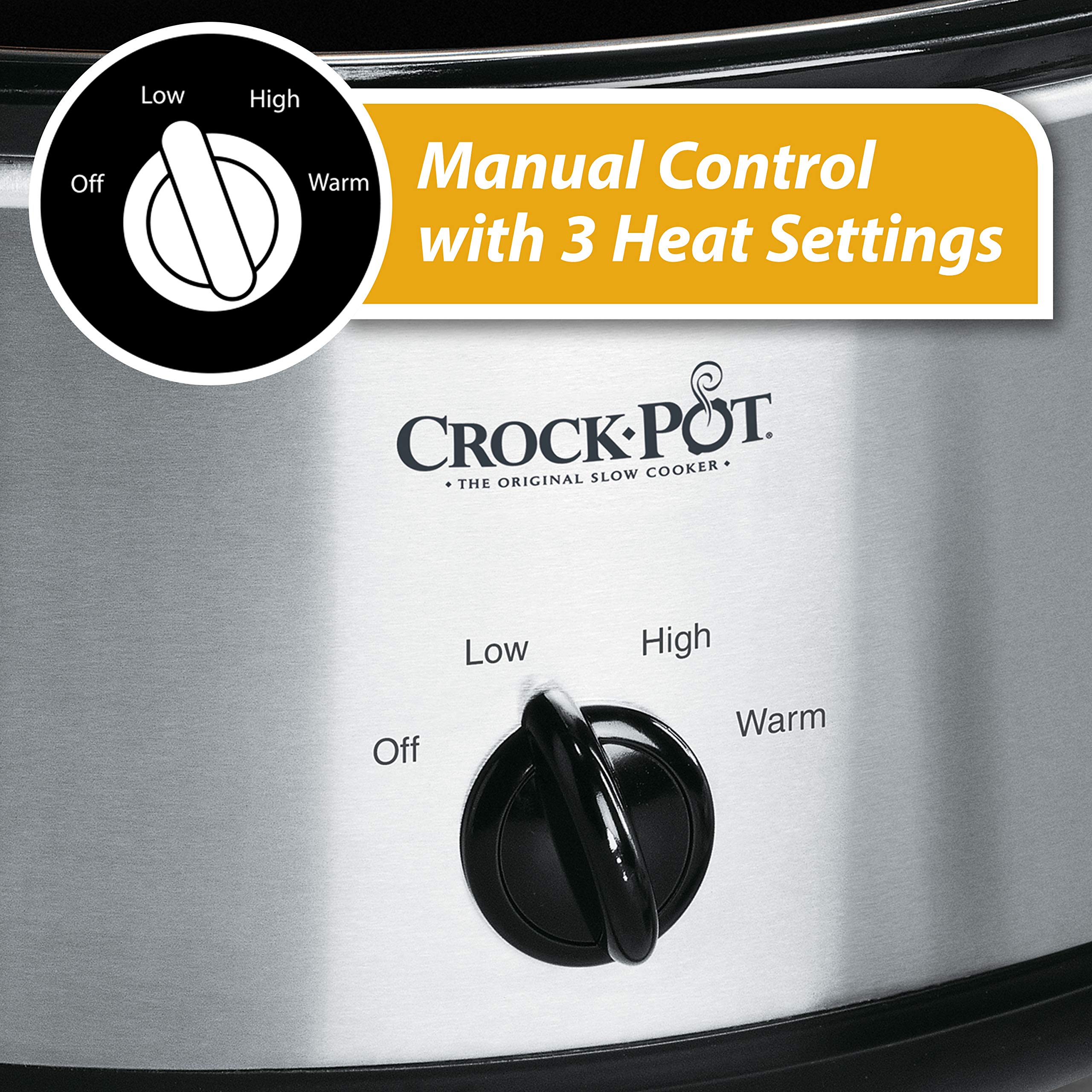 Crock-Pot 7-Quart Manual Slow Cooker, Family Size Serves 8+ People & Fits 6-lb Roast, Removable Stoneware with Warming Setting, Dishwasher Safe for Easy Cleanup, Stainless Steel
