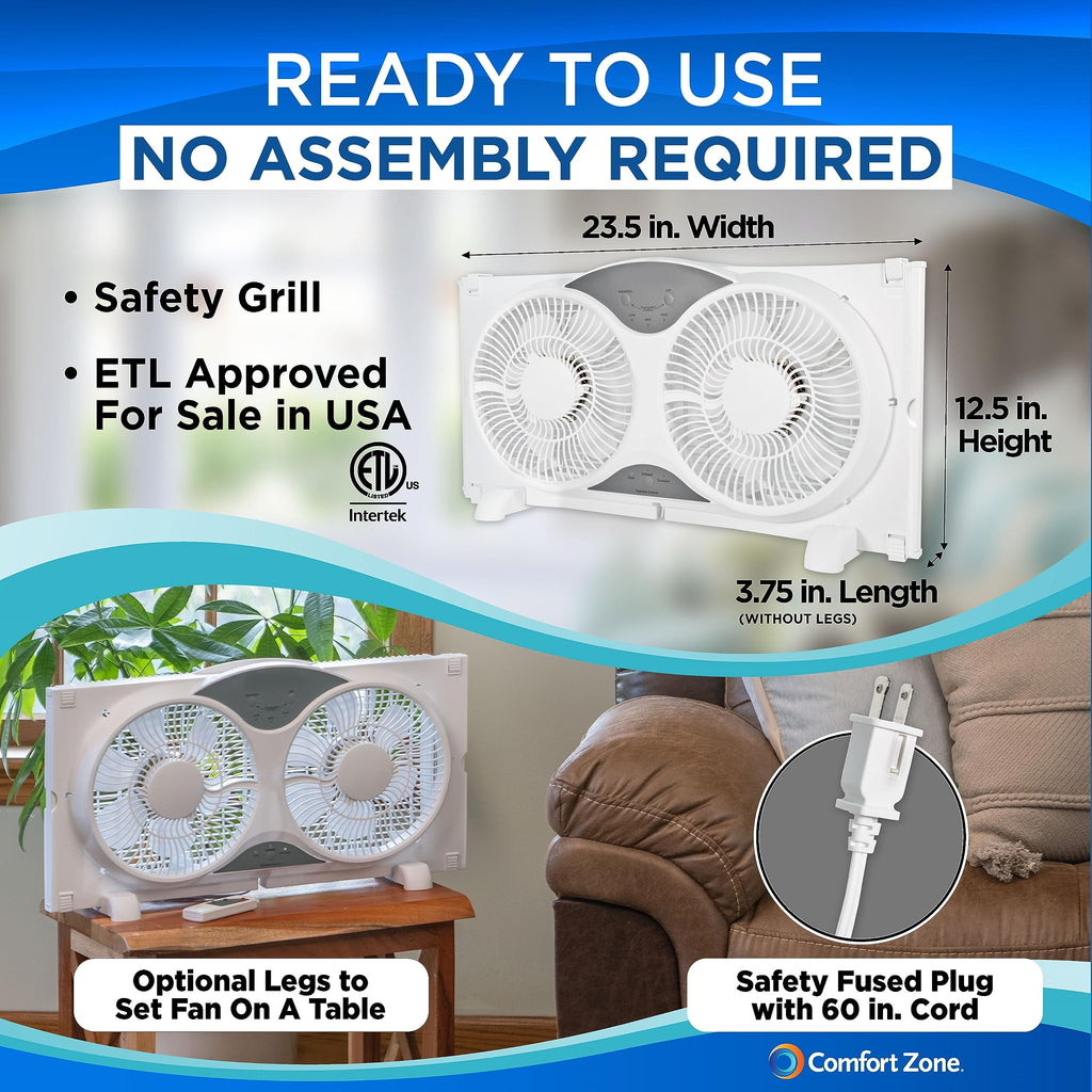 Comfort Zone Twin Window Fan with Reversible Airflow Control, 9 inch, Auto-Locking Expanders, 2 Speed Fan, Dual Fan, Exhaust, Airflow 9.84 ft/sec, Ideal for Home, Kitchen, Bedroom & Office, CZ319WT
