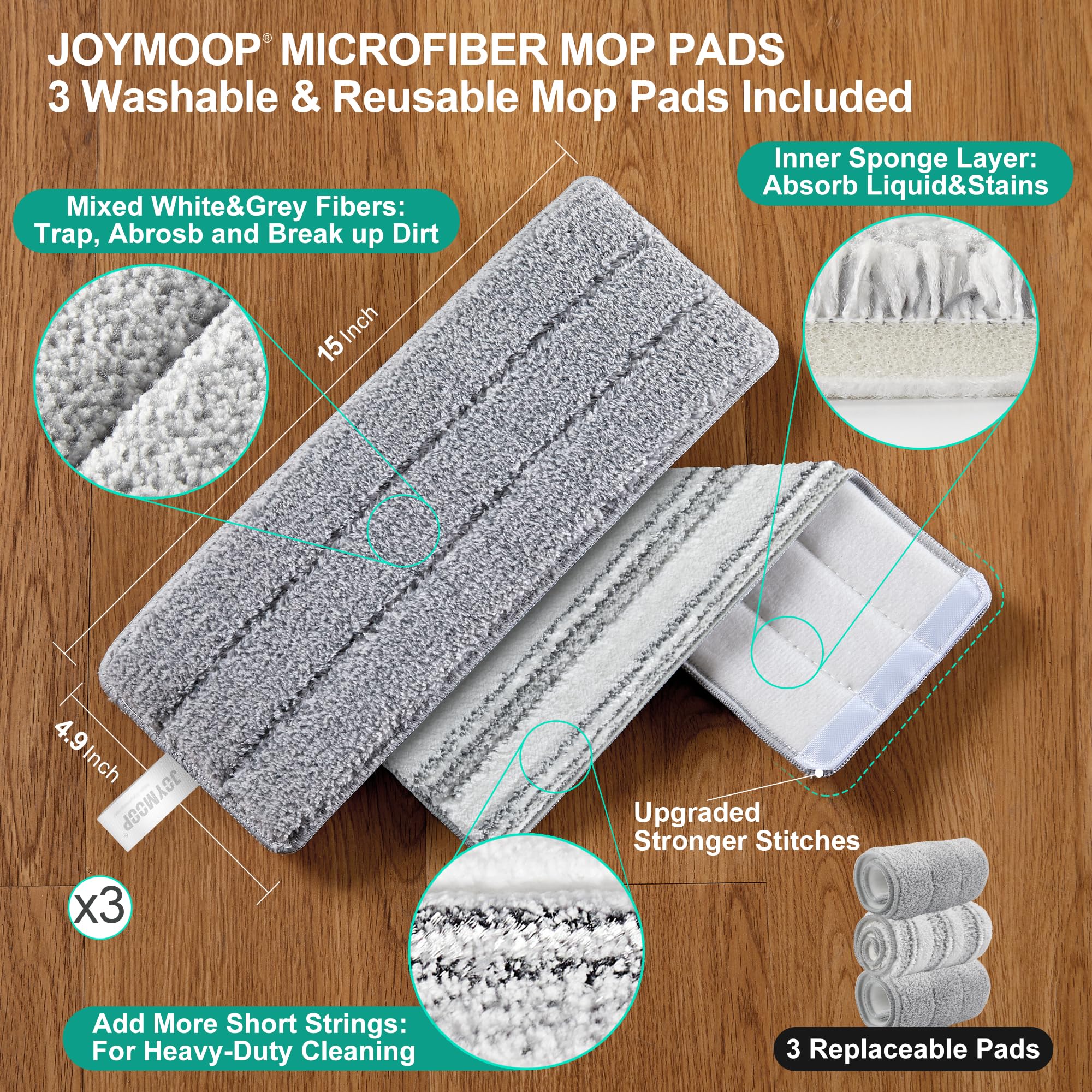 JOYMOOP Mop and Bucket Set, Hands-Free Flat Floor Mop with 3 Washable Microfiber Pads, Wet and Dry Use, Ideal for Home and Commercial Floor Cleaning
