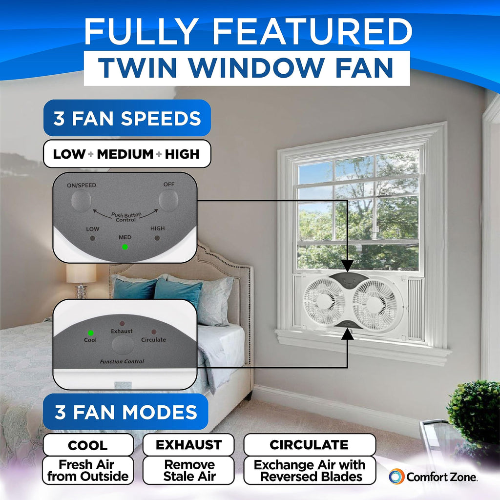 Comfort Zone Twin Window Fan with Reversible Airflow Control, 9 inch, Auto-Locking Expanders, 2 Speed Fan, Dual Fan, Exhaust, Airflow 9.84 ft/sec, Ideal for Home, Kitchen, Bedroom & Office, CZ319WT