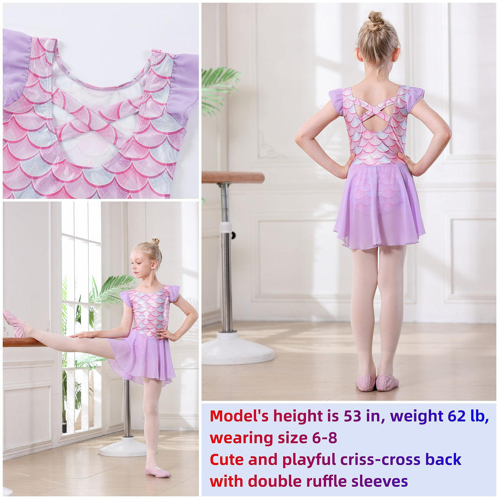 DIPUG Ballet Leotards for Girls Ballet Leotard with Skirt Toddler Dance Leotards Flutter Sleeve and Criss-Cross Back