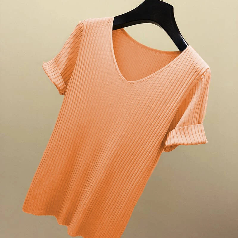 AOSSVIAO 2026 Basic V-neck Solid Thin Summer Women Pullover Female Thin Knitted Ribbed Sweater Slim Short Sleeve Bodycon Sweater