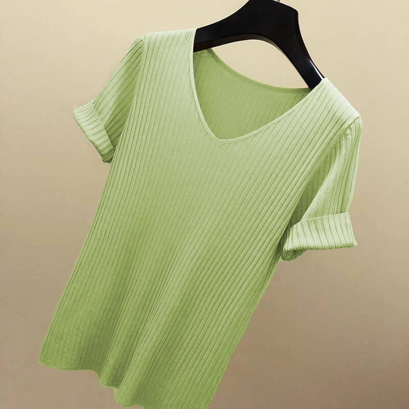 AOSSVIAO 2026 Basic V-neck Solid Thin Summer Women Pullover Female Thin Knitted Ribbed Sweater Slim Short Sleeve Bodycon Sweater