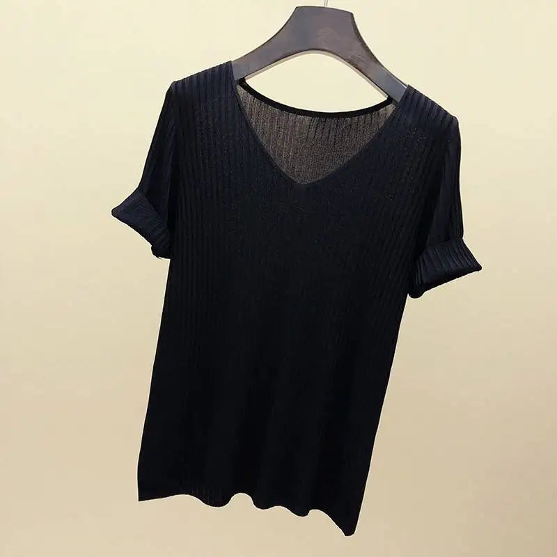 AOSSVIAO 2026 Basic V-neck Solid Thin Summer Women Pullover Female Thin Knitted Ribbed Sweater Slim Short Sleeve Bodycon Sweater