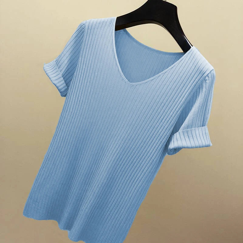 AOSSVIAO 2026 Basic V-neck Solid Thin Summer Women Pullover Female Thin Knitted Ribbed Sweater Slim Short Sleeve Bodycon Sweater