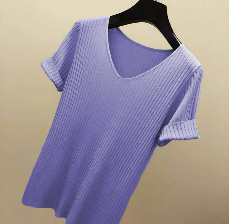 AOSSVIAO 2026 Basic V-neck Solid Thin Summer Women Pullover Female Thin Knitted Ribbed Sweater Slim Short Sleeve Bodycon Sweater