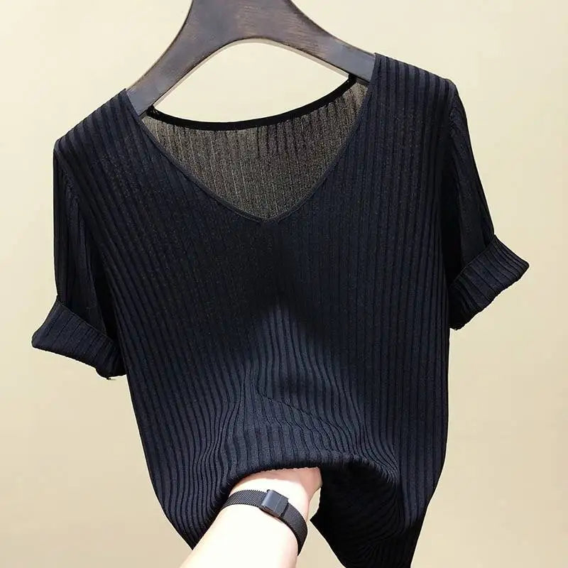 AOSSVIAO 2026 Basic V-neck Solid Thin Summer Women Pullover Female Thin Knitted Ribbed Sweater Slim Short Sleeve Bodycon Sweater