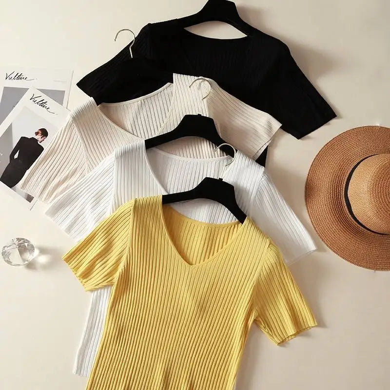 AOSSVIAO 2026 Basic V-neck Solid Thin Summer Women Pullover Female Thin Knitted Ribbed Sweater Slim Short Sleeve Bodycon Sweater