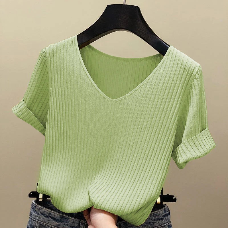 AOSSVIAO 2026 Basic V-neck Solid Thin Summer Women Pullover Female Thin Knitted Ribbed Sweater Slim Short Sleeve Bodycon Sweater