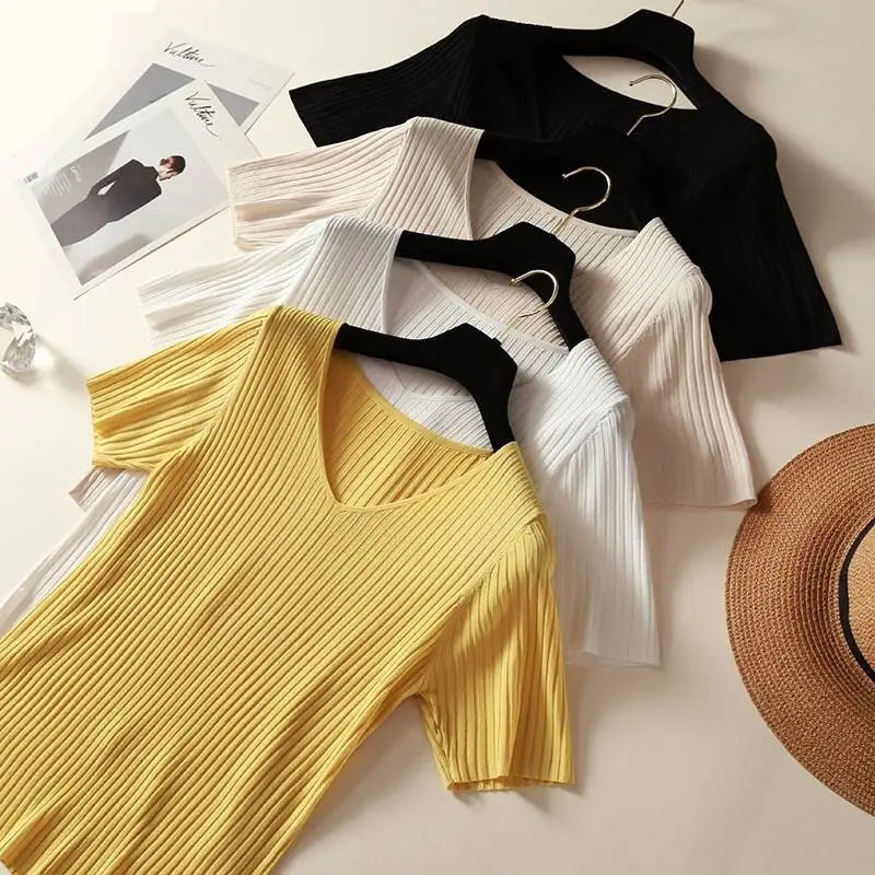 AOSSVIAO 2026 Basic V-neck Solid Thin Summer Women Pullover Female Thin Knitted Ribbed Sweater Slim Short Sleeve Bodycon Sweater