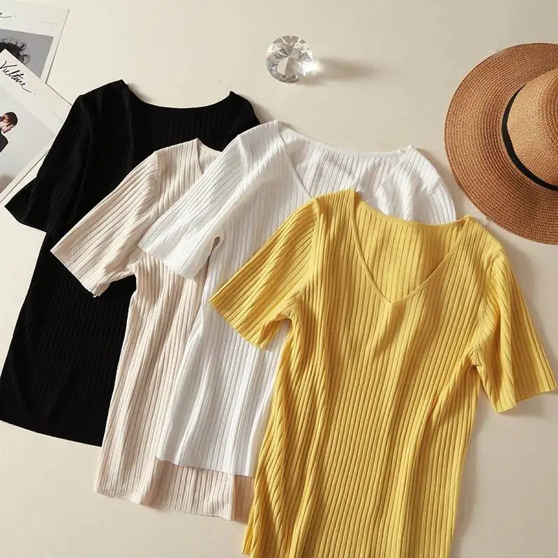 AOSSVIAO 2026 Basic V-neck Solid Thin Summer Women Pullover Female Thin Knitted Ribbed Sweater Slim Short Sleeve Bodycon Sweater
