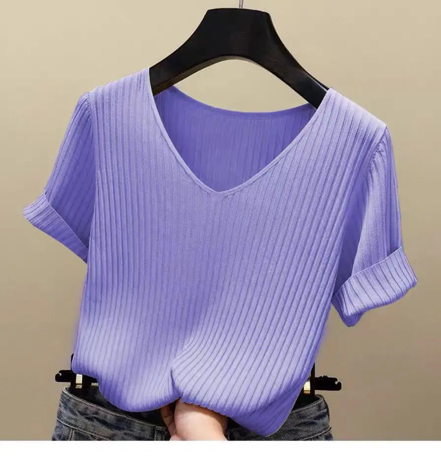 AOSSVIAO 2026 Basic V-neck Solid Thin Summer Women Pullover Female Thin Knitted Ribbed Sweater Slim Short Sleeve Bodycon Sweater