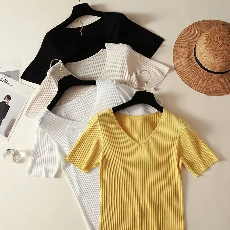 AOSSVIAO 2026 Basic V-neck Solid Thin Summer Women Pullover Female Thin Knitted Ribbed Sweater Slim Short Sleeve Bodycon Sweater