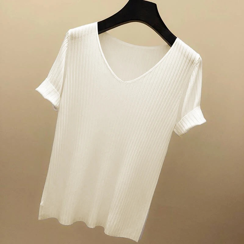 AOSSVIAO 2026 Basic V-neck Solid Thin Summer Women Pullover Female Thin Knitted Ribbed Sweater Slim Short Sleeve Bodycon Sweater