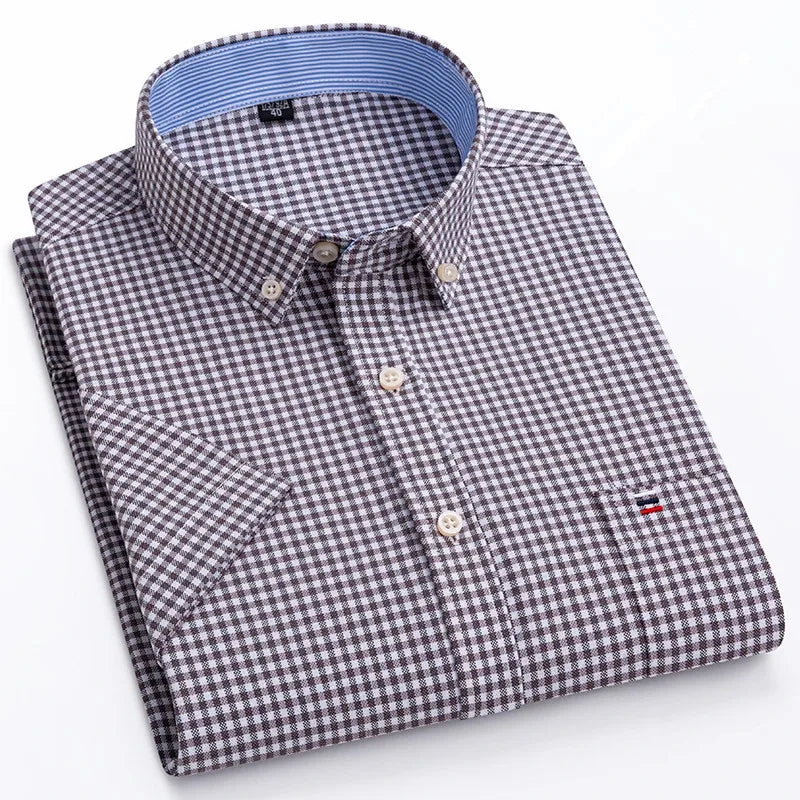 Men's high-quality Oxford cotton short sleeved shirt for summer comfort breathable classic solid color plaid business leisure