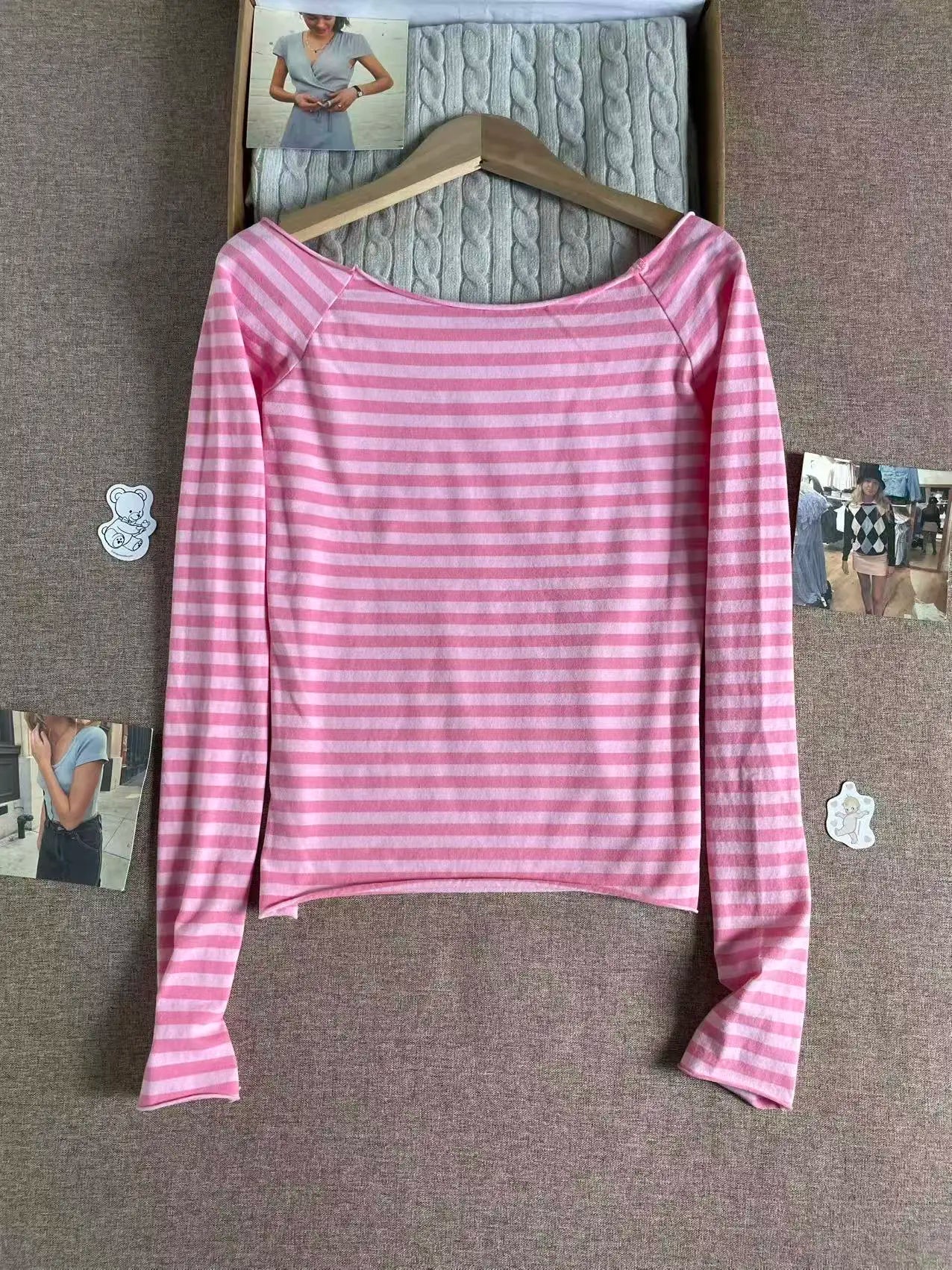 Pink Striped Slim Long Sleeve Tees Women Spring Casual Cotton O-neck Tshirt New Tops Clothes Sweet Cute  Vintage T-shirts Y2K