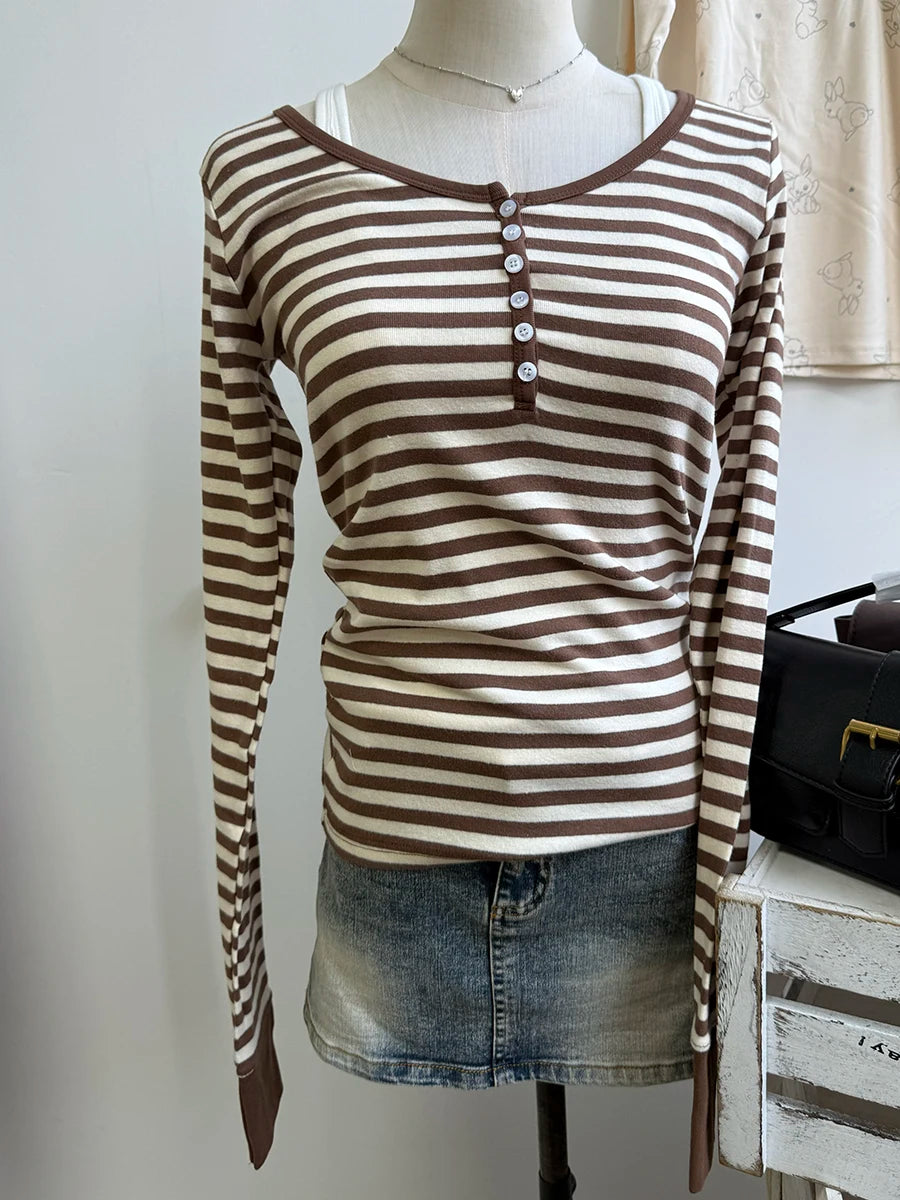 Pink Striped Slim Long Sleeve Tees Women Spring Casual Cotton O-neck Tshirt New Tops Clothes Sweet Cute  Vintage T-shirts Y2K