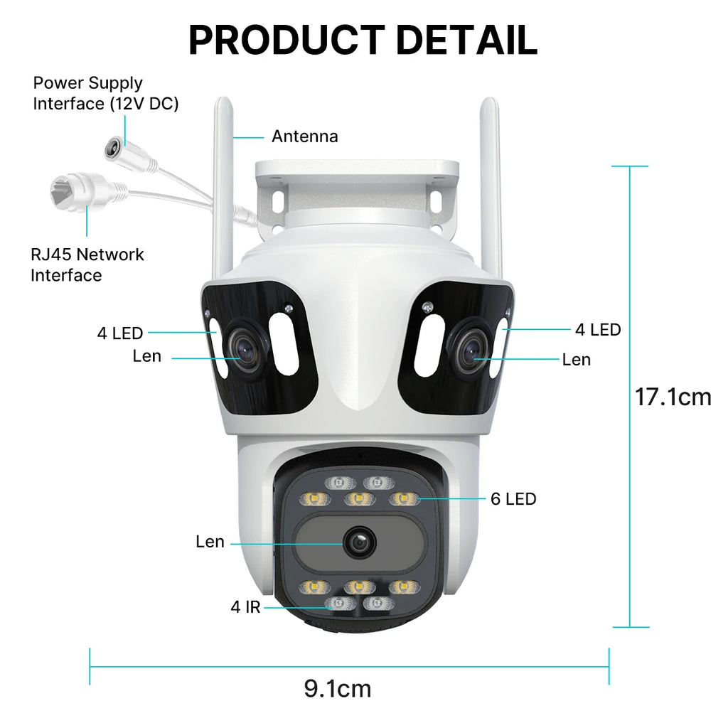 Three Lens PTZ IP Camera Outdoor HD Three Screen WiFi Security Camera Auto Tracking Dual Len Wirelss CCTV Camera iCsee