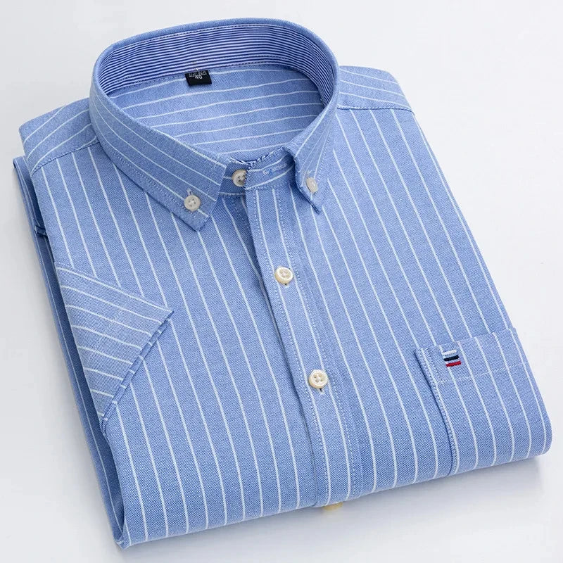 Men's high-quality Oxford cotton short sleeved shirt for summer comfort breathable classic solid color plaid business leisure