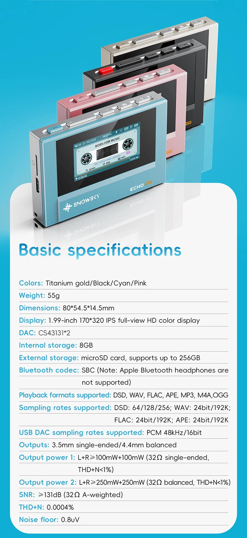 SnowSky/FiiO Echo Mini HiFi Bluetooth MP3 Pure Music Player, 15Hours Playback, 3.5mm/4.4mm Headphones Output