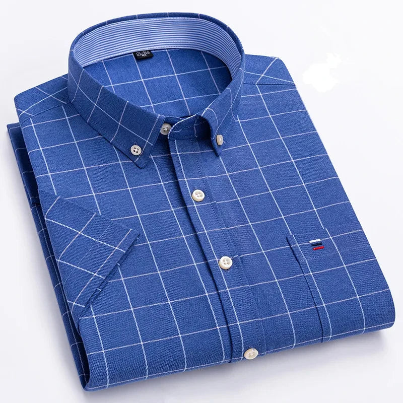 Men's high-quality Oxford cotton short sleeved shirt for summer comfort breathable classic solid color plaid business leisure