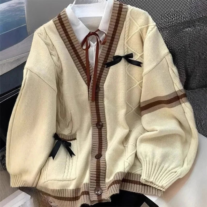 Casual Sweet Bow Cardigan Woman Autumn Winter Japanese Classic Preppy Style Knitted Coats Y2K Vintage Contrast Color V-Neck Tops