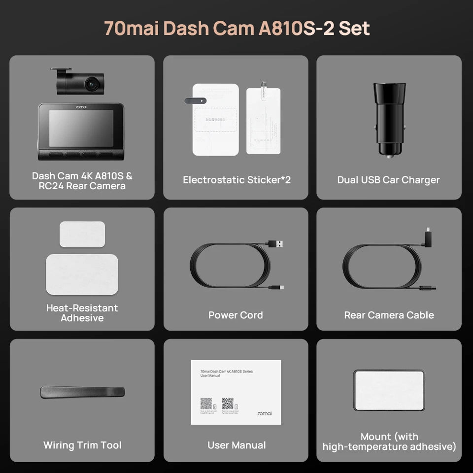 New 70mai 4K Dash Cam A810S HDR Supercapacitor 4G LTE Wi-Fi 6 Voice Control GPS ADAS 70mai A810S Upgrade Version of 70mai A810