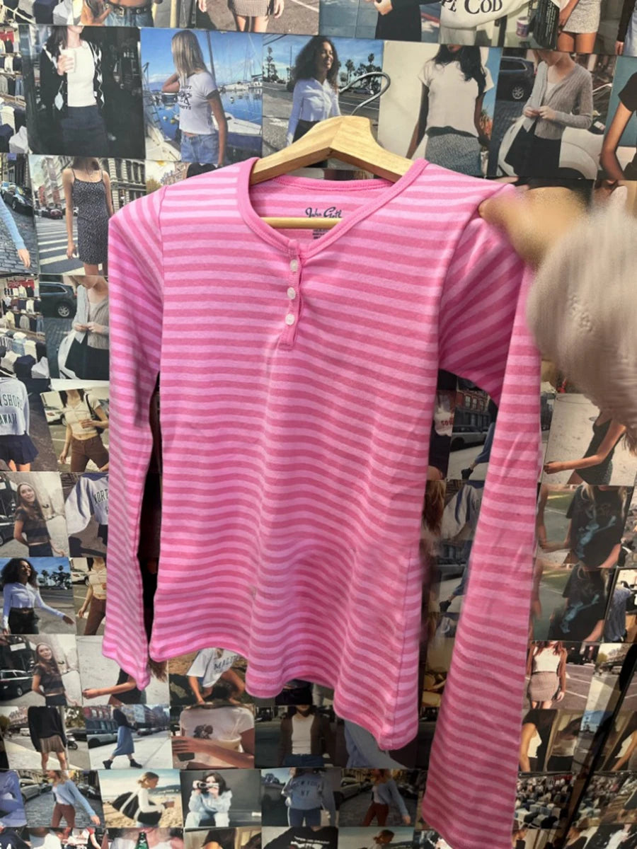 Pink Striped Slim Long Sleeve Tees Women Spring Casual Cotton O-neck Tshirt New Tops Clothes Sweet Cute  Vintage T-shirts Y2K
