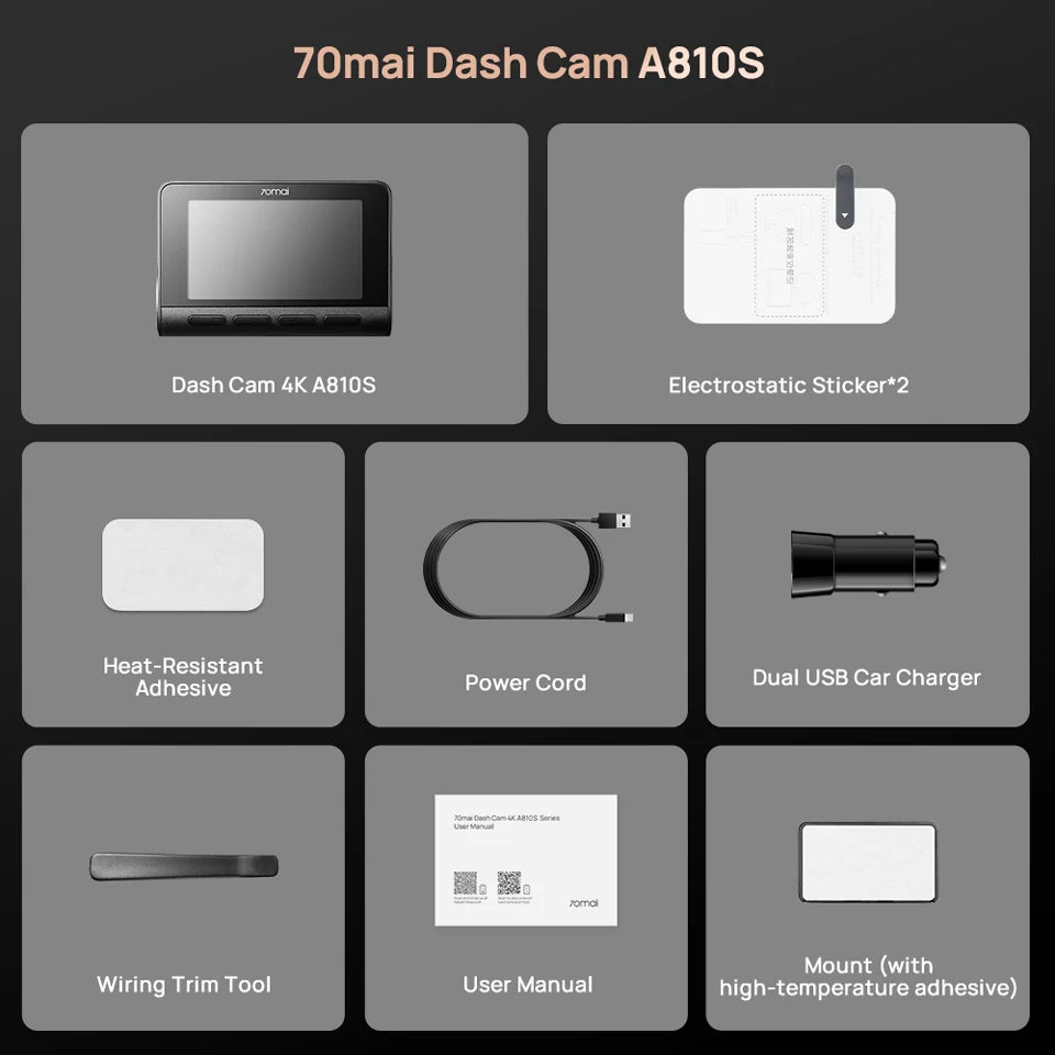 New 70mai 4K Dash Cam A810S HDR Supercapacitor 4G LTE Wi-Fi 6 Voice Control GPS ADAS 70mai A810S Upgrade Version of 70mai A810