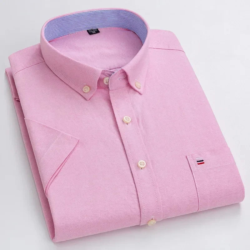 Men's high-quality Oxford cotton short sleeved shirt for summer comfort breathable classic solid color plaid business leisure