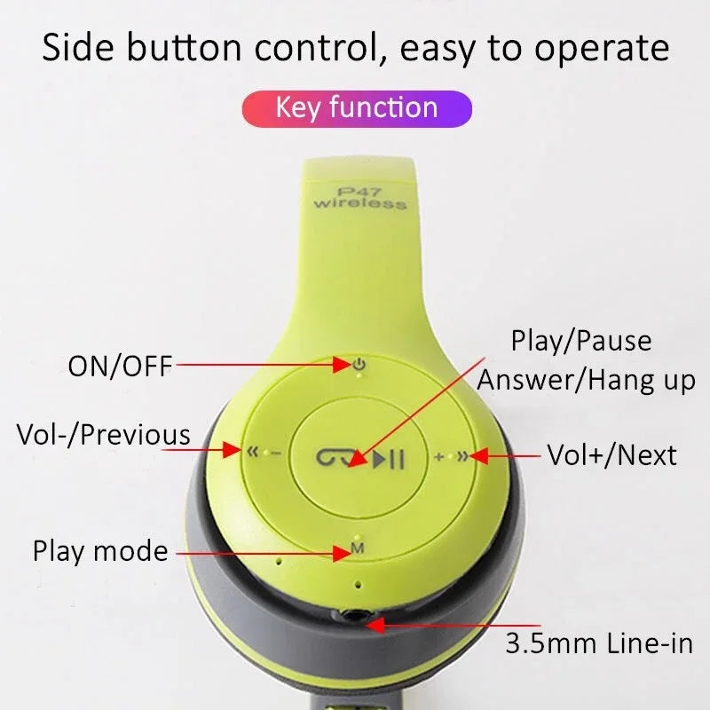 P47 Bluetooth 50 Wireless Headphone Foldable HIFI Stereo Bass Earphone Kid Helmet Gift With Mic USB Adaptor For iPhone Game