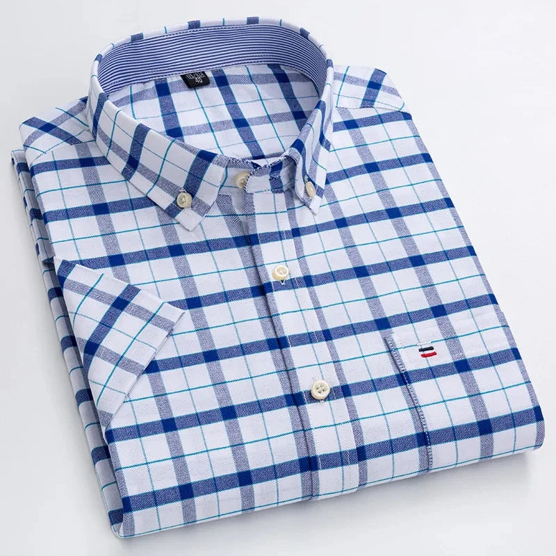 Men's high-quality Oxford cotton short sleeved shirt for summer comfort breathable classic solid color plaid business leisure
