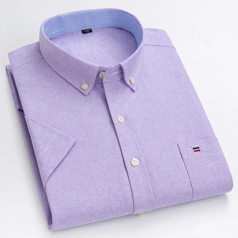 Men's high-quality Oxford cotton short sleeved shirt for summer comfort breathable classic solid color plaid business leisure