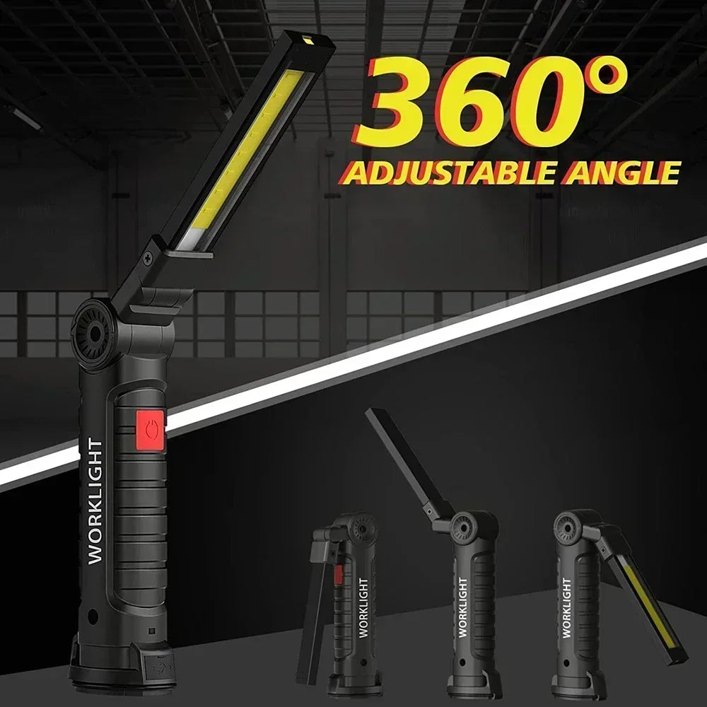 COB LED Work Light Dimmable USB Rechargeable LED Flashlight Inspection Lamp With Magnetic Hook Power Bank 18650 Battery Torch