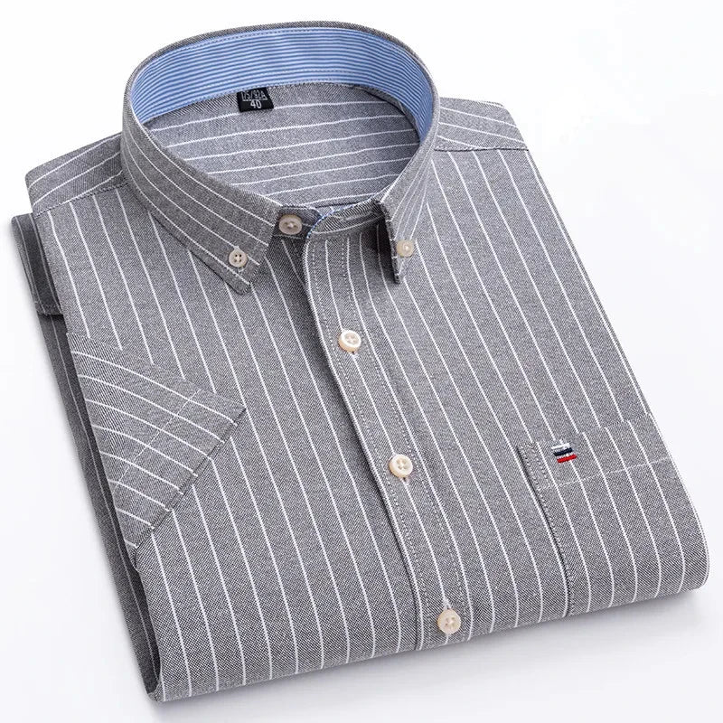 Men's high-quality Oxford cotton short sleeved shirt for summer comfort breathable classic solid color plaid business leisure