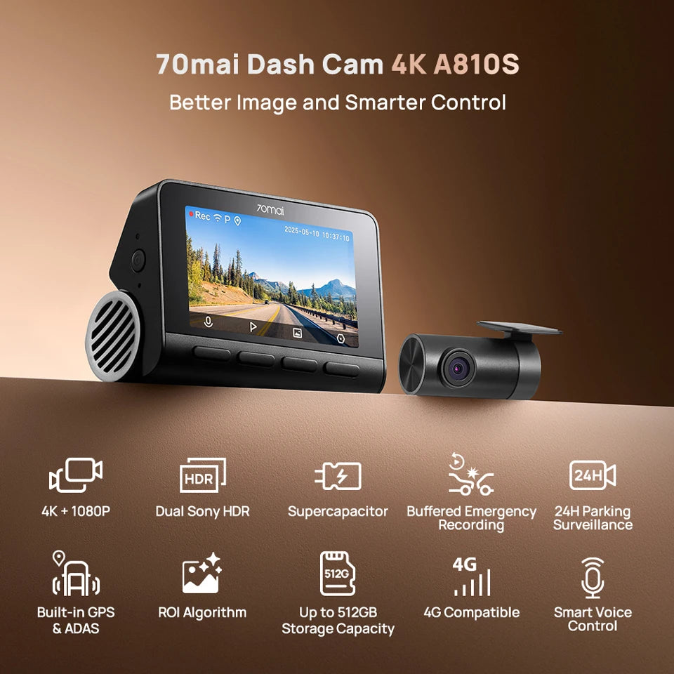 New 70mai 4K Dash Cam A810S HDR Supercapacitor 4G LTE Wi-Fi 6 Voice Control GPS ADAS 70mai A810S Upgrade Version of 70mai A810