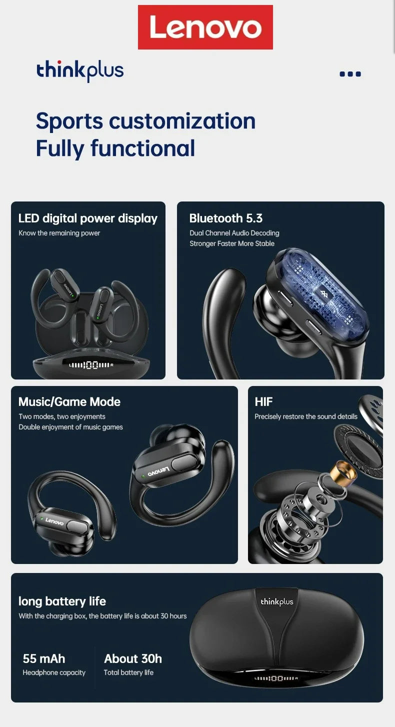 Lenovo XT80 Wireless Headphones Bluetooth 5.4 Earphones True with Mic Button Control Noise Reduction Earhooks Waterproof Headset