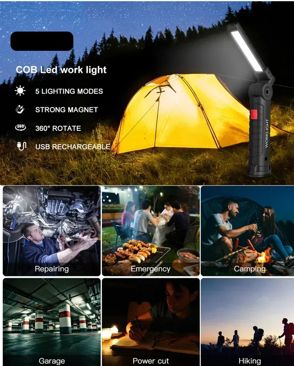COB LED Work Light Dimmable USB Rechargeable LED Flashlight Inspection Lamp With Magnetic Hook Power Bank 18650 Battery Torch