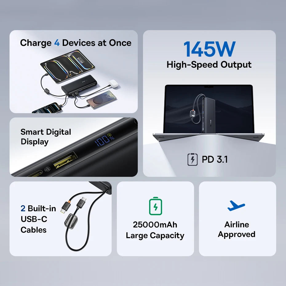 【CCC】Baseus 25000mAh 145W Power Bank Built-In Dual USB-C Cable Fast Charge Digital Display Power Bank For Mac iPhone Samsung